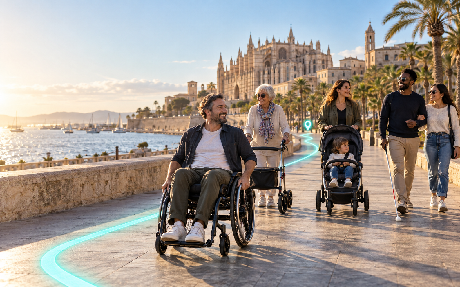 Persona midiendo una acera con el móvil para contribuir al mapa accesible de WheelPath